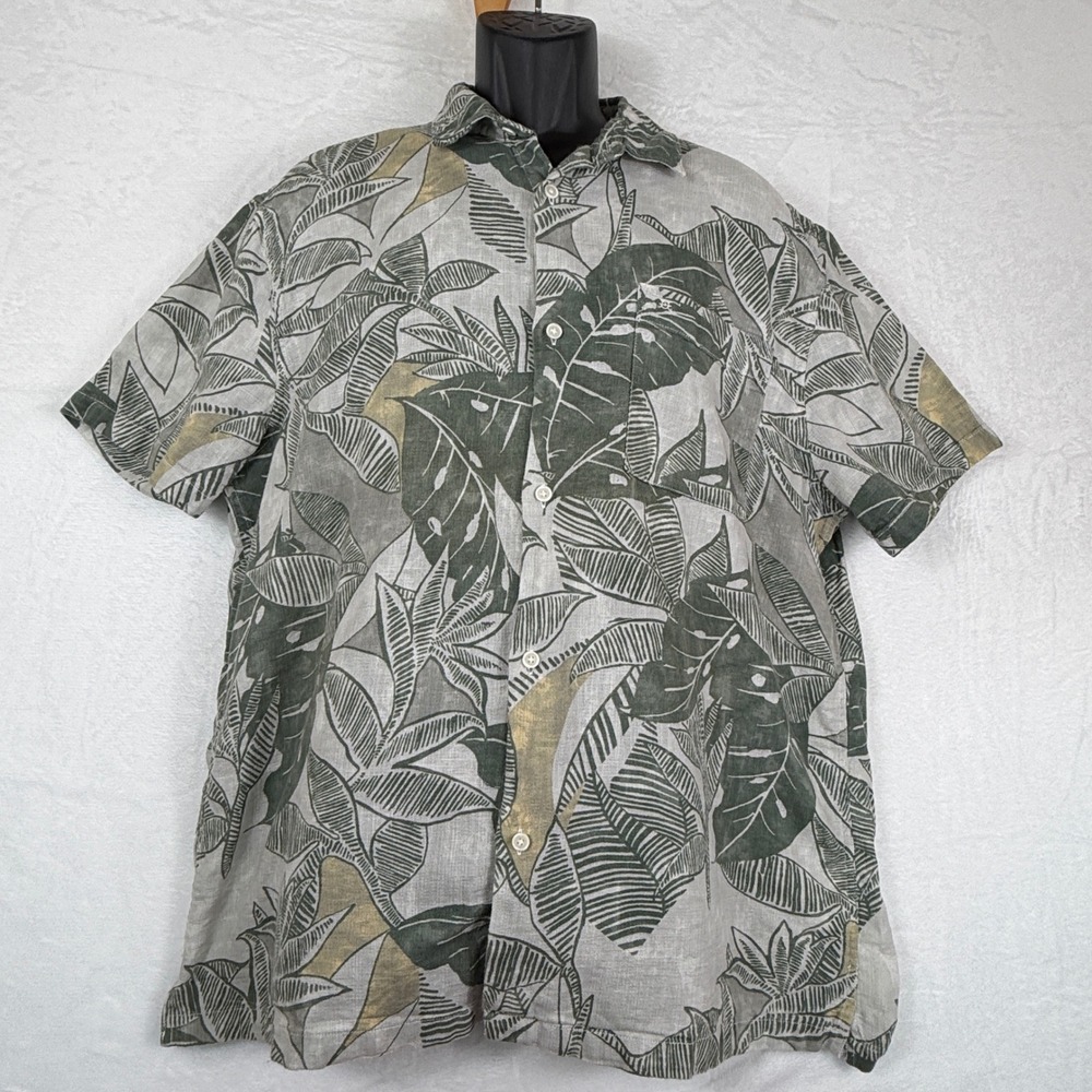 Flying Machine Mens XXL Tropical Leaf Print Cotton Button Down Shirt Green Grey